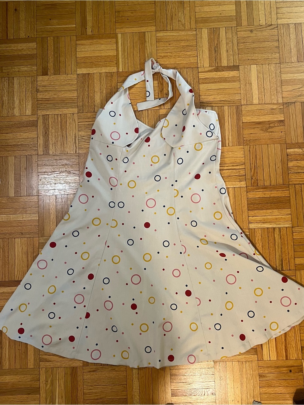 Bettie Page Cream Halter Dress with Red, Yellow & Navy Polka Dots size 4XL